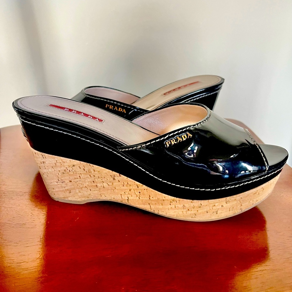 Prada black patent wedge sandals